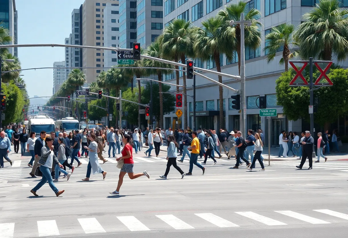 Crowded urban intersection in Los Angeles emphasizing pedestrian safety