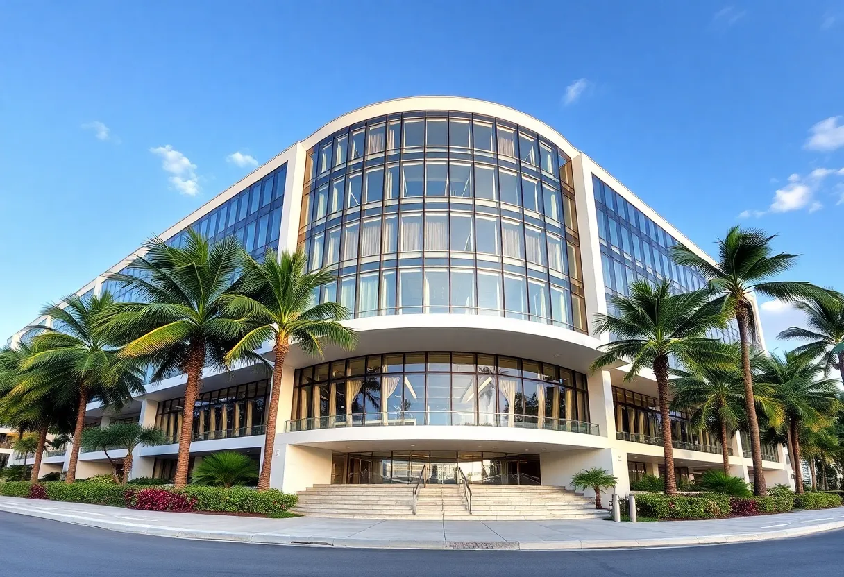 Modern office building representing Playboy Enterprises new headquarters in Miami Beach