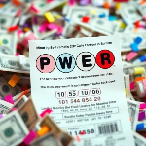A Powerball lottery ticket surrounded by cash and confetti