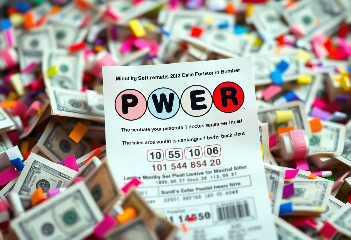 A Powerball lottery ticket surrounded by cash and confetti