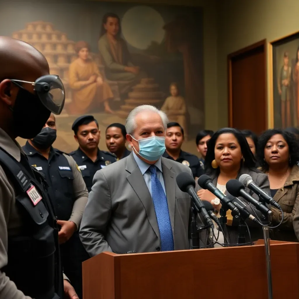 Press conference at Japanese American National Museum with armed agents outside