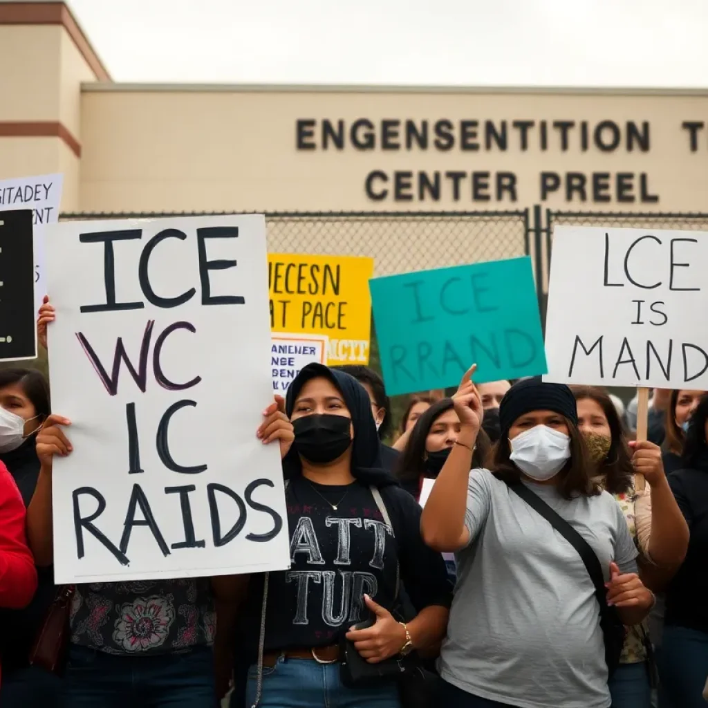 Protesters gathered outside a detention center opposing ICE raids