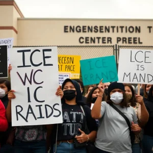 Protesters gathered outside a detention center opposing ICE raids
