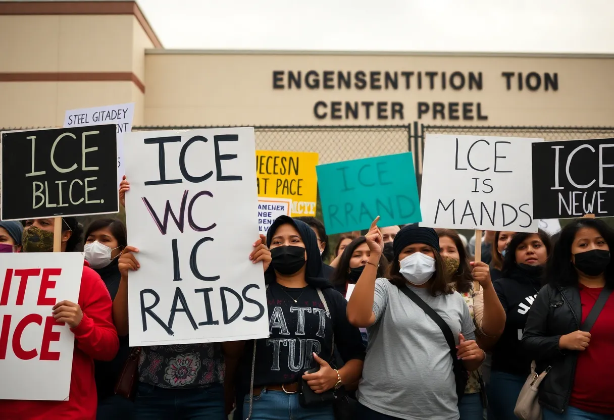 Protesters gathered outside a detention center opposing ICE raids