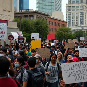 Community members protesting against federal immigration raids in urban Chicago.
