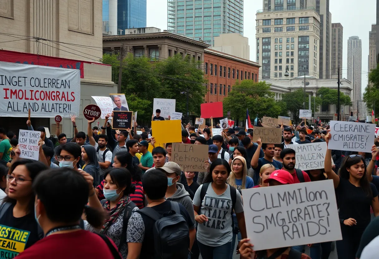 Community members protesting against federal immigration raids in urban Chicago.
