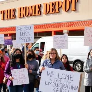 Protesters demonstrating against federal immigration raids outside Home Depot.