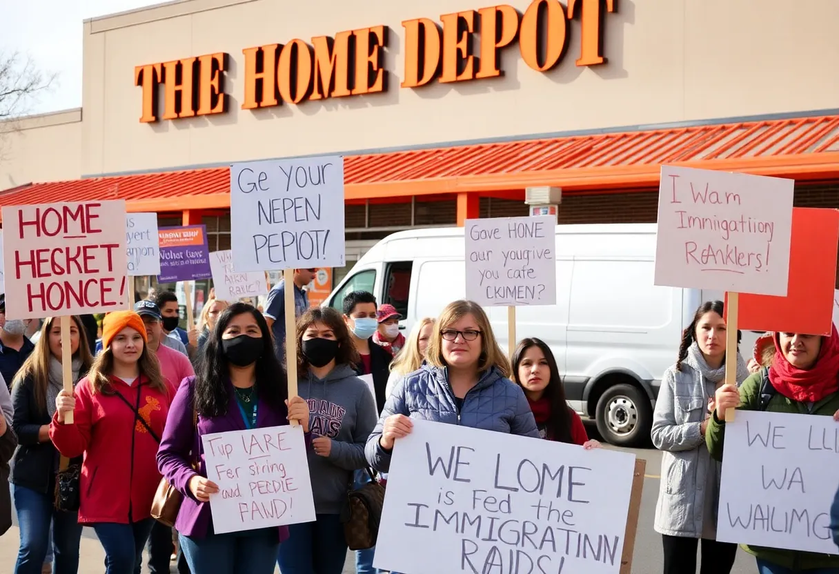 Protesters demonstrating against federal immigration raids outside Home Depot.