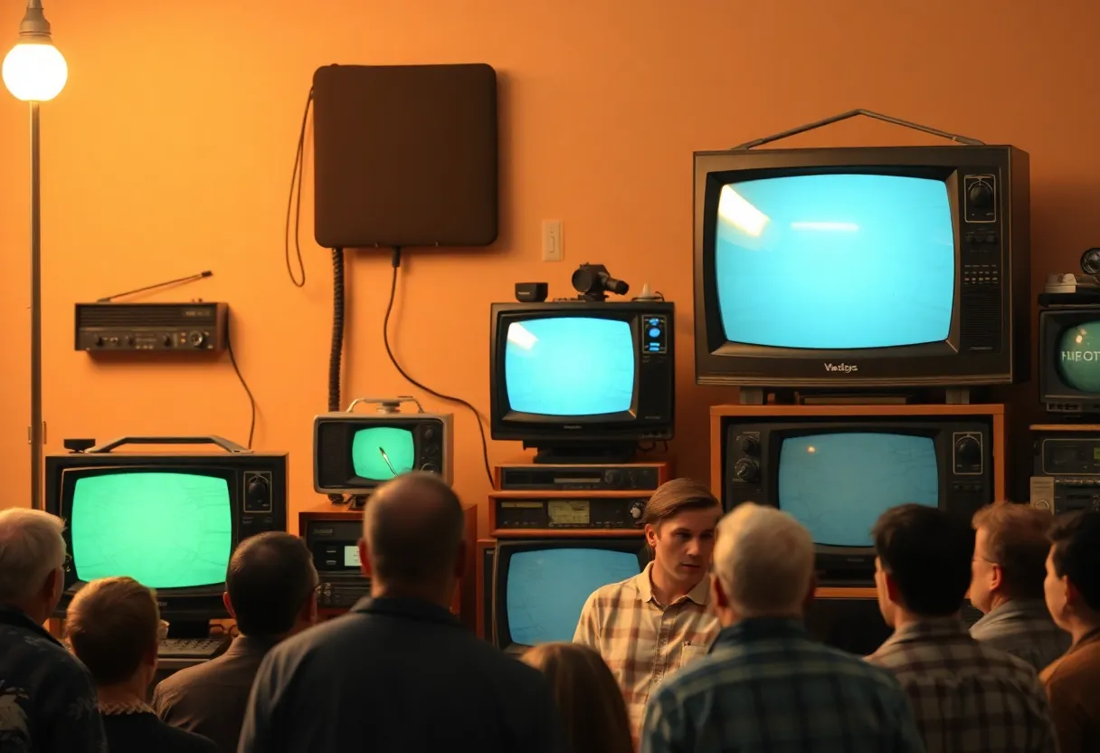 Visual representation of the effects of funding cuts on public media, including radios and community gatherings.