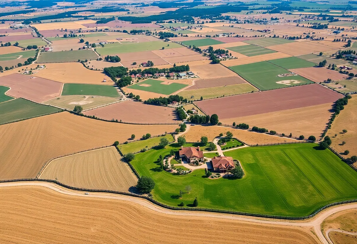 Aerial view showcasing the Reynolds Ranch in California with farmland and rangelands.
