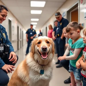 Rudy the therapy dog providing comfort to children and first responders.