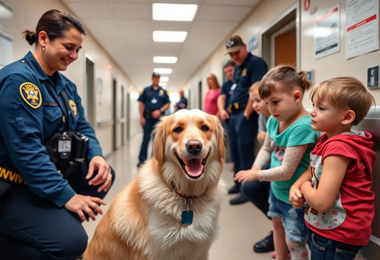 Rudy the therapy dog providing comfort to children and first responders.