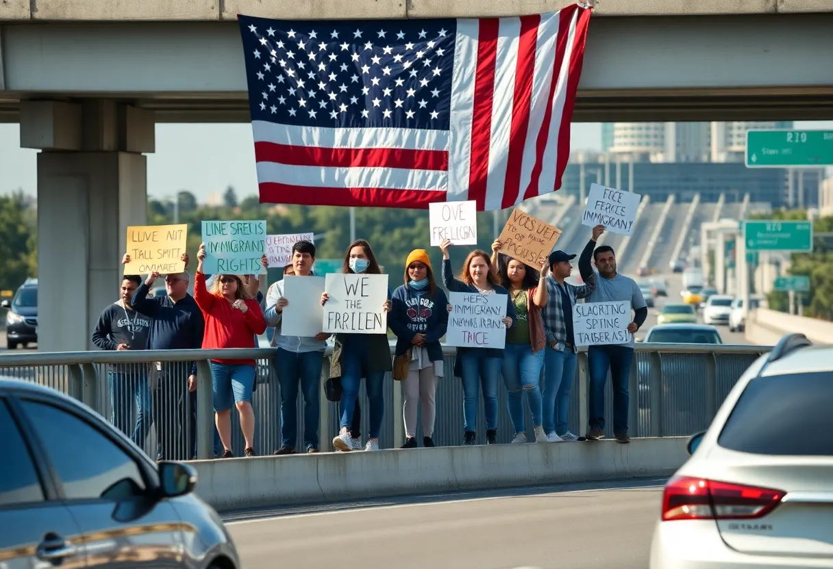 Activists rally for immigrant rights on an overpass