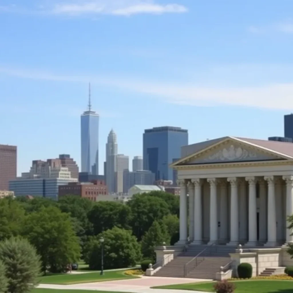 Skyline of a sanctuary city with courthouse, symbolizing justice