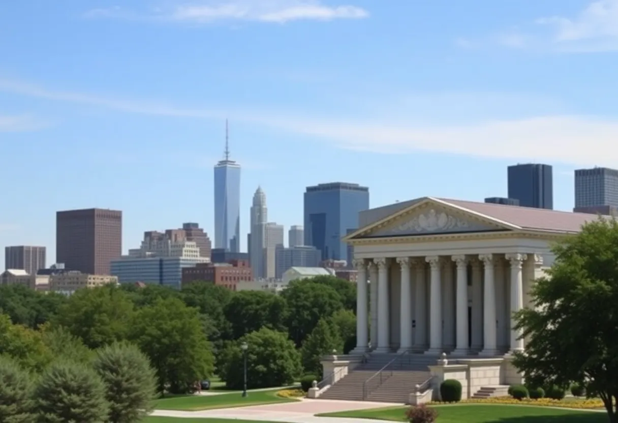 Skyline of a sanctuary city with courthouse, symbolizing justice