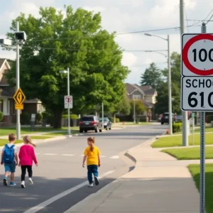 Speed detection cameras installed in a school zone with children walking