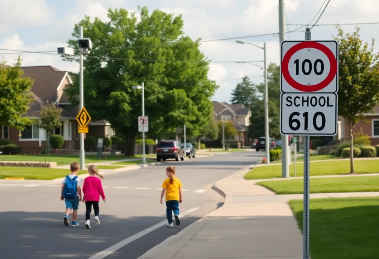 Speed detection cameras installed in a school zone with children walking