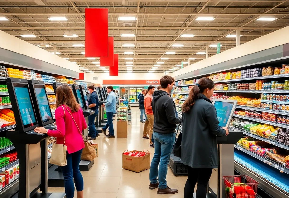 Grocery store self-checkout kiosks with shoppers and a staffed lane