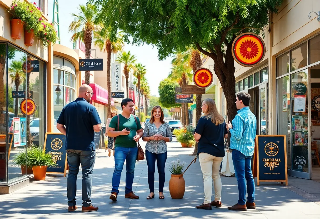 Small business owners celebrating in California street