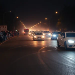 Crowd gathered at an illegal street racing event with cars performing stunts