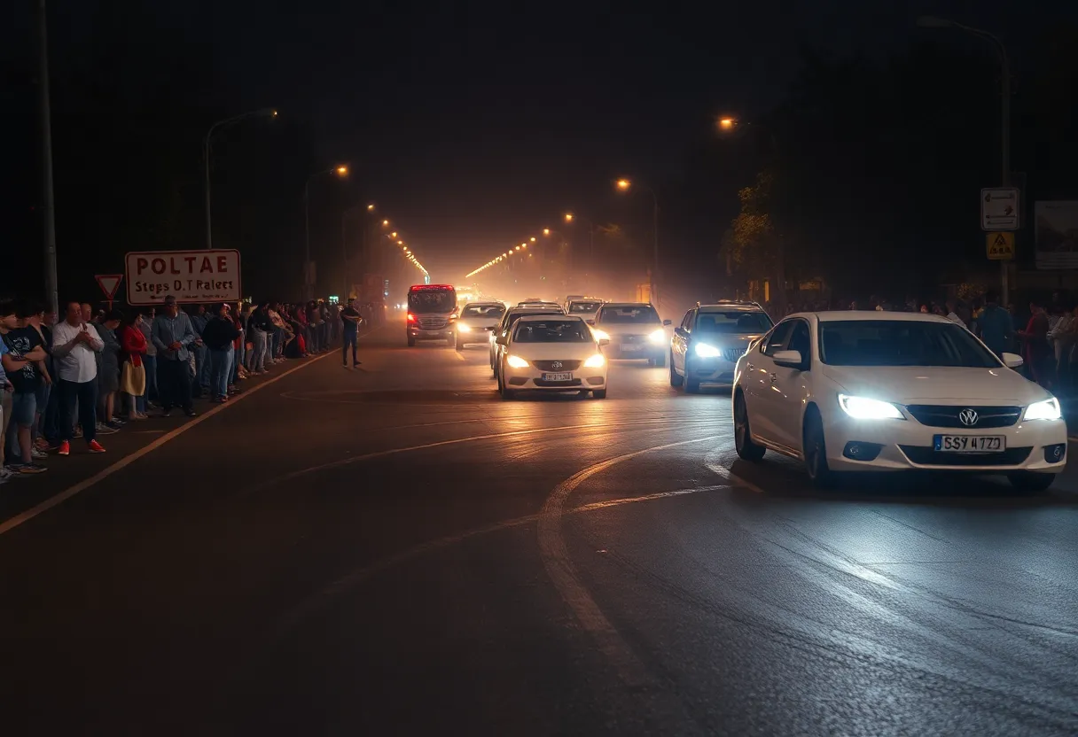Crowd gathered at an illegal street racing event with cars performing stunts