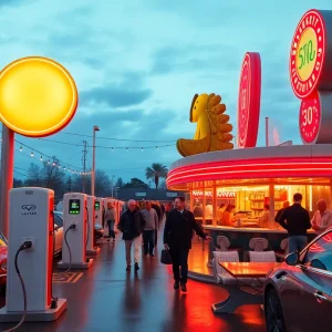 Overview of Tesla Diner with patrons and Supercharger station