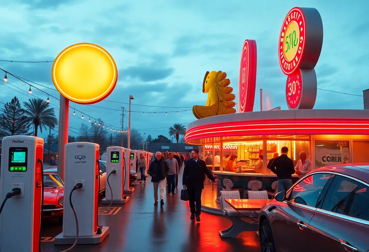 Overview of Tesla Diner with patrons and Supercharger station