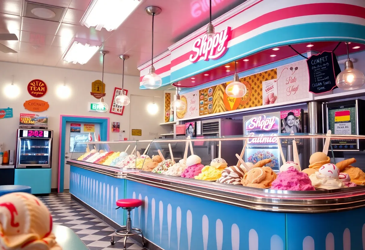 Colorful display of Thrifty Ice Cream flavors in an ice cream parlor