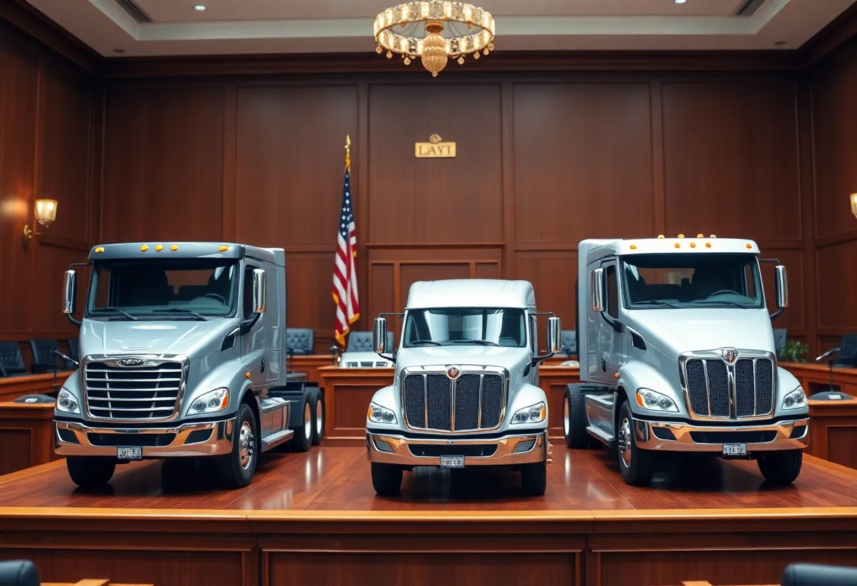 Courtroom scene depicting truck manufacturers' lawsuit.