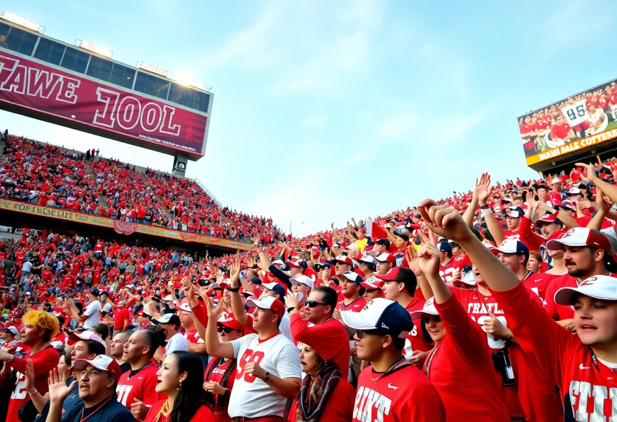 Excited UCLA football fans at a game in a stadium