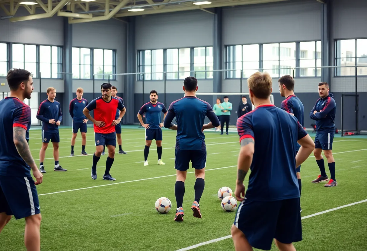 Training session of UCLA football team emphasizing teamwork