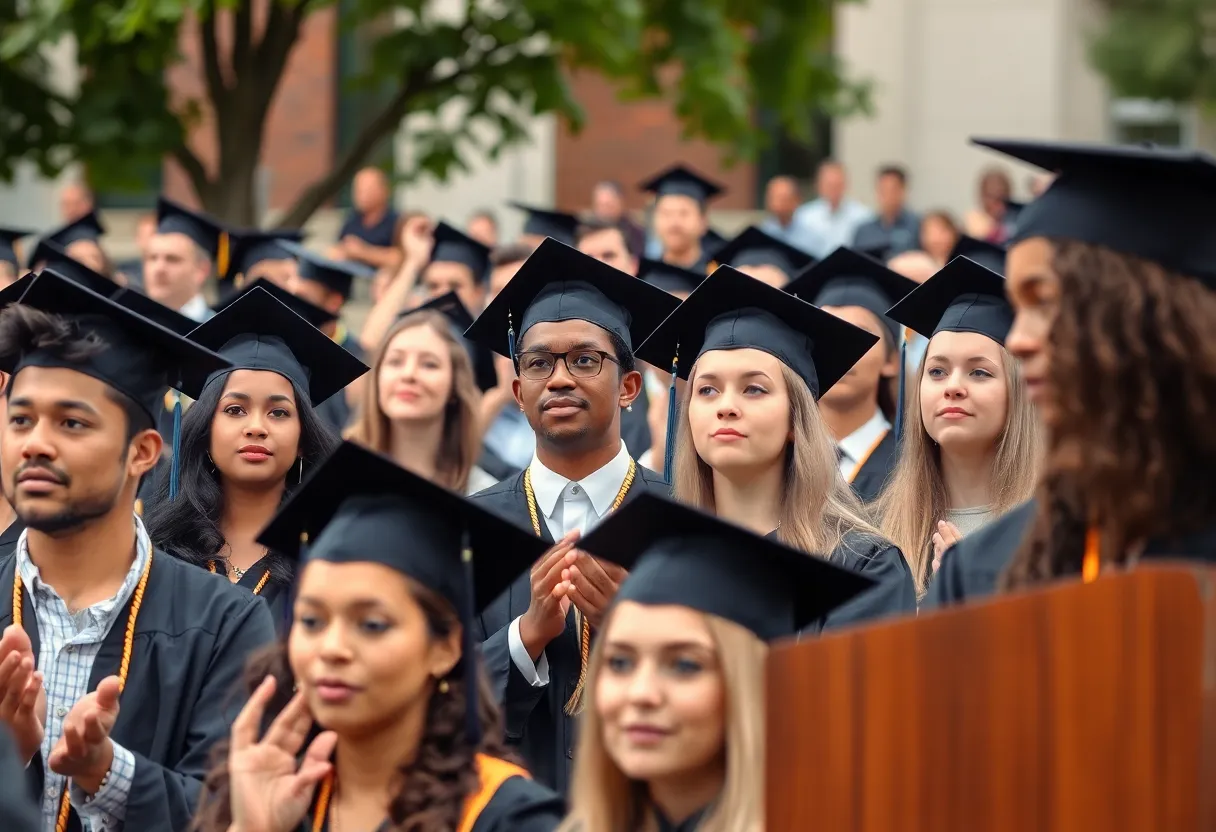 Students at UCLA graduation ceremony listening to a speech