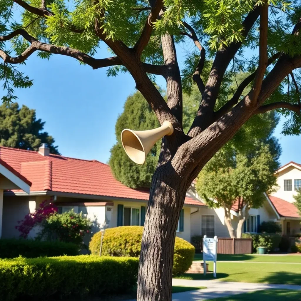 A neighborhood scene in Van Nuys, highlighting a tree with a horn attached.