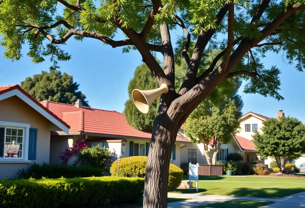 A neighborhood scene in Van Nuys, highlighting a tree with a horn attached.
