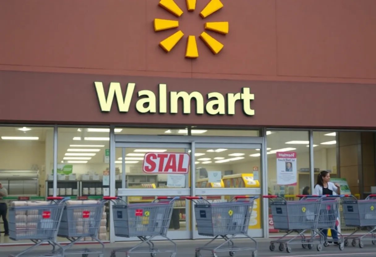 Exterior view of a Walmart store with shopping carts visible