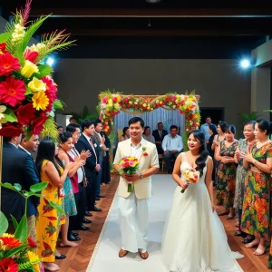 A colorful wedding celebration with floral decorations and happy guests.