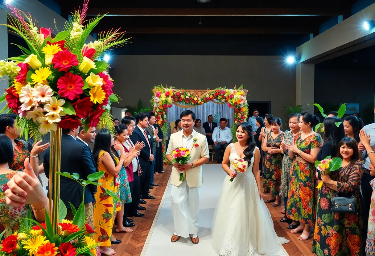 A colorful wedding celebration with floral decorations and happy guests.
