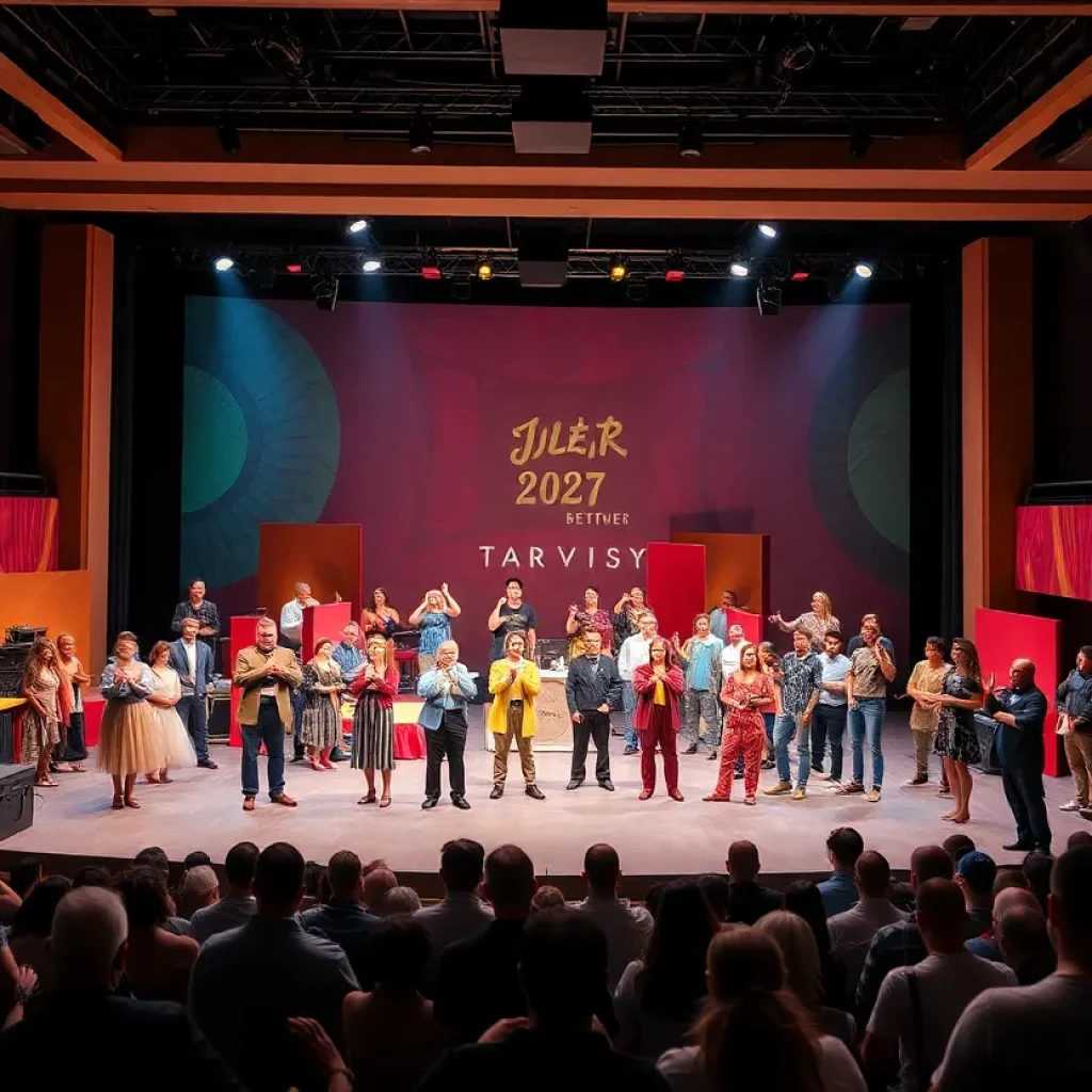Banner of the 30 Minutes or Less Festival featuring stage performances and a diverse audience