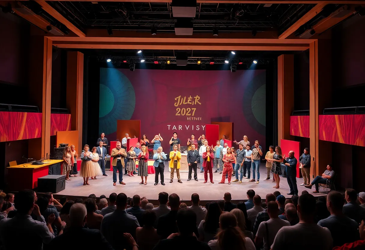 Banner of the 30 Minutes or Less Festival featuring stage performances and a diverse audience