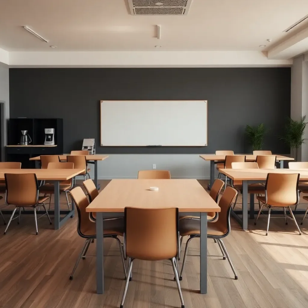 Empty desks in a modern co-working space after sudden closure