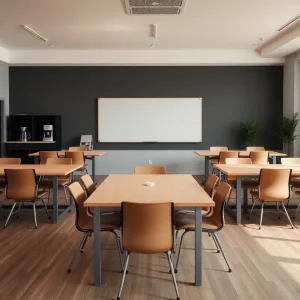Empty desks in a modern co-working space after sudden closure