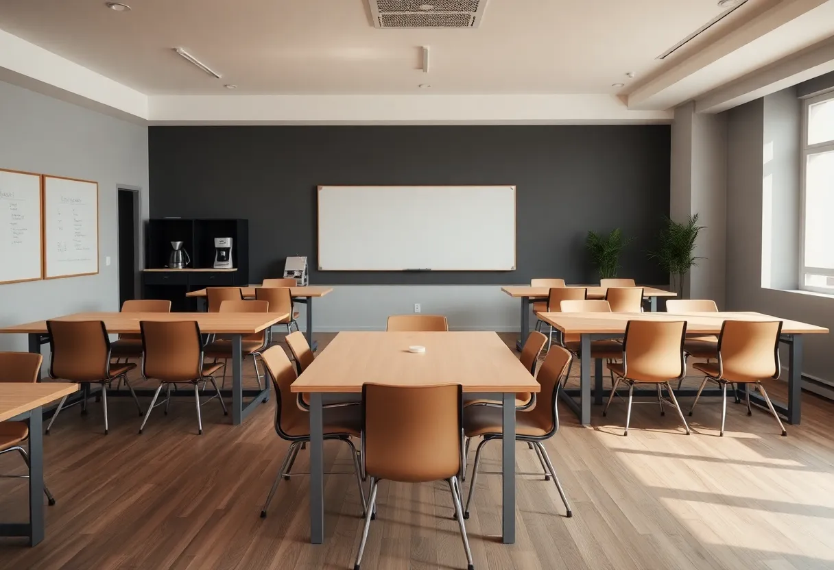 Empty desks in a modern co-working space after sudden closure