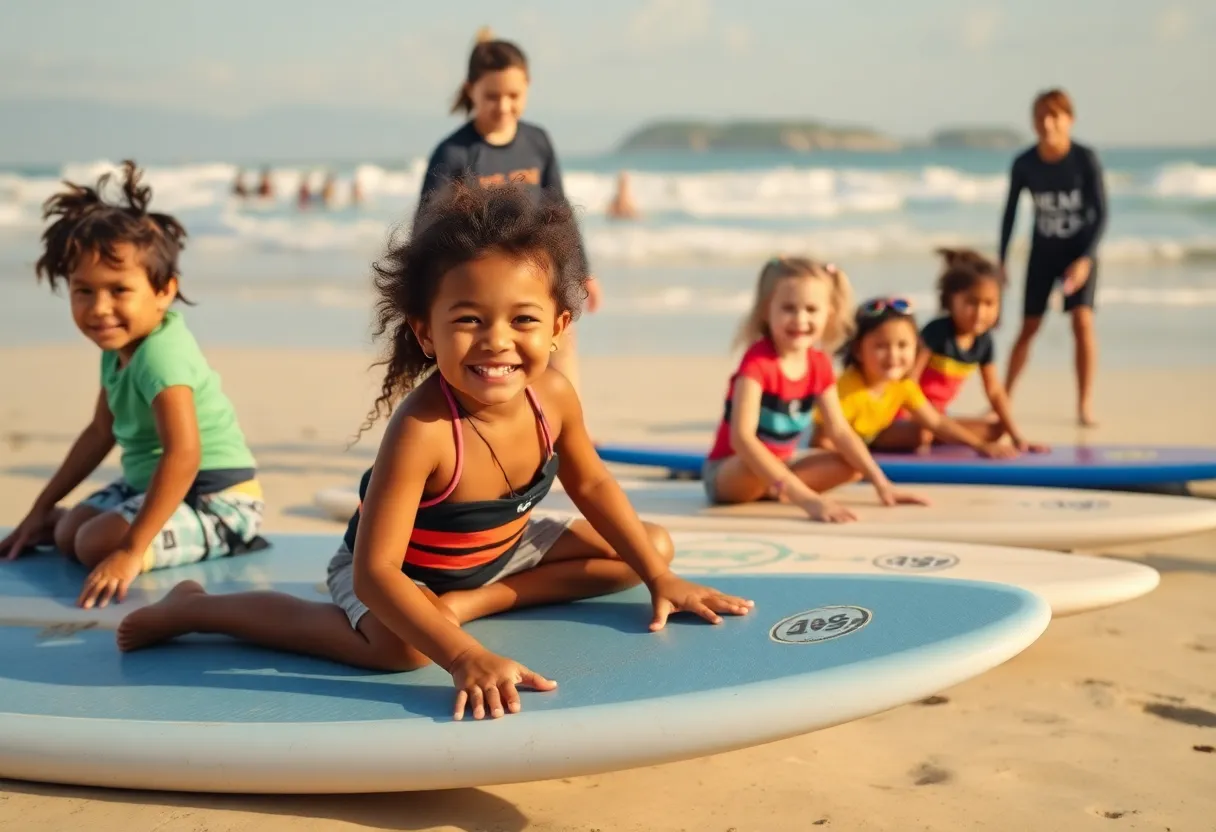 Children participating in the Adaptive Surfing Clinic at the beach