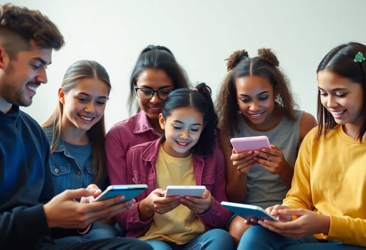 Young individuals engaging safely with AI chatbots on digital devices.