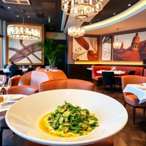 A beautifully arranged table showcasing diverse international dishes in a contemporary Beverly Hills restaurant.
