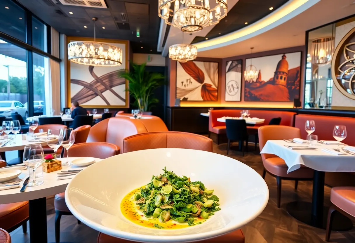 A beautifully arranged table showcasing diverse international dishes in a contemporary Beverly Hills restaurant.