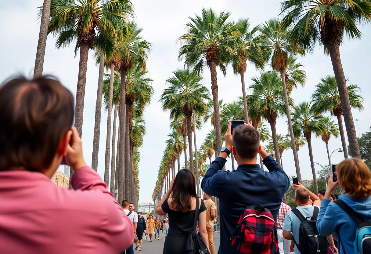Tourists enjoying Beverly Hills palm trees.
