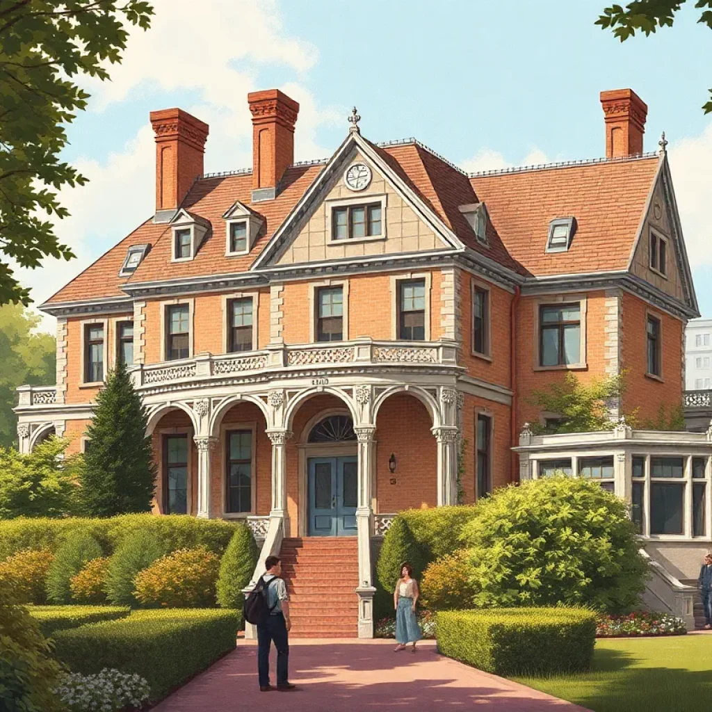 Vintage-style illustration of Marilyn Monroe's historic Brentwood home surrounded by greenery.