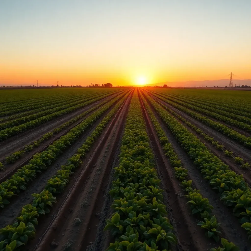 A California agricultural field at sunset with crops rows.