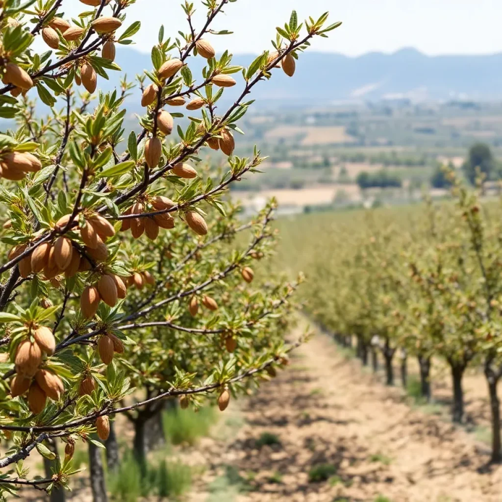 Vast almond orchards in California during harvest season